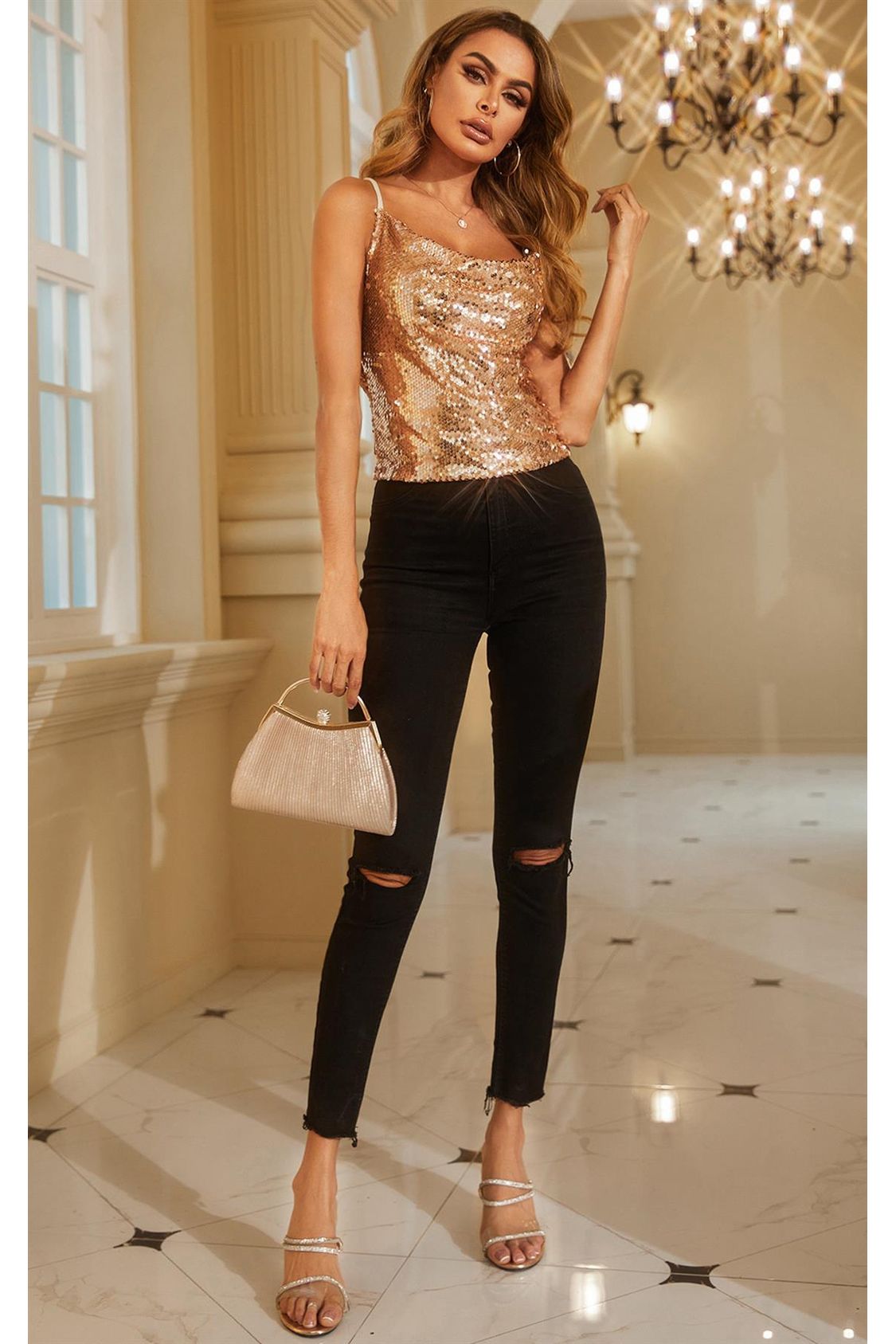 Cowl Neck Sequin Cami Top In Rose Gold FS119