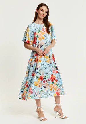 Blue Floral Print Maxi Smock Dress 304-LIQ23SS1581