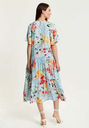 Blue Floral Print Maxi Smock Dress 304-LIQ23SS1581