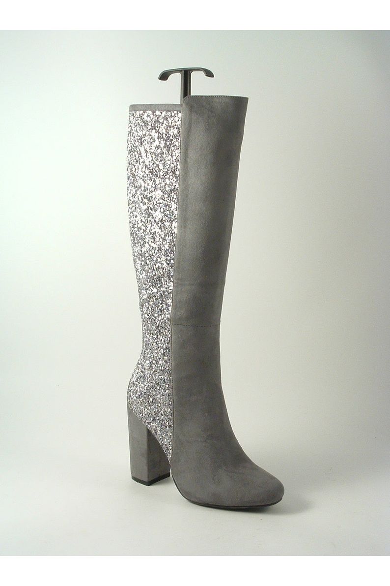 Tall Glitter Panel High Heeled Grey Boots DivineKeisha1623