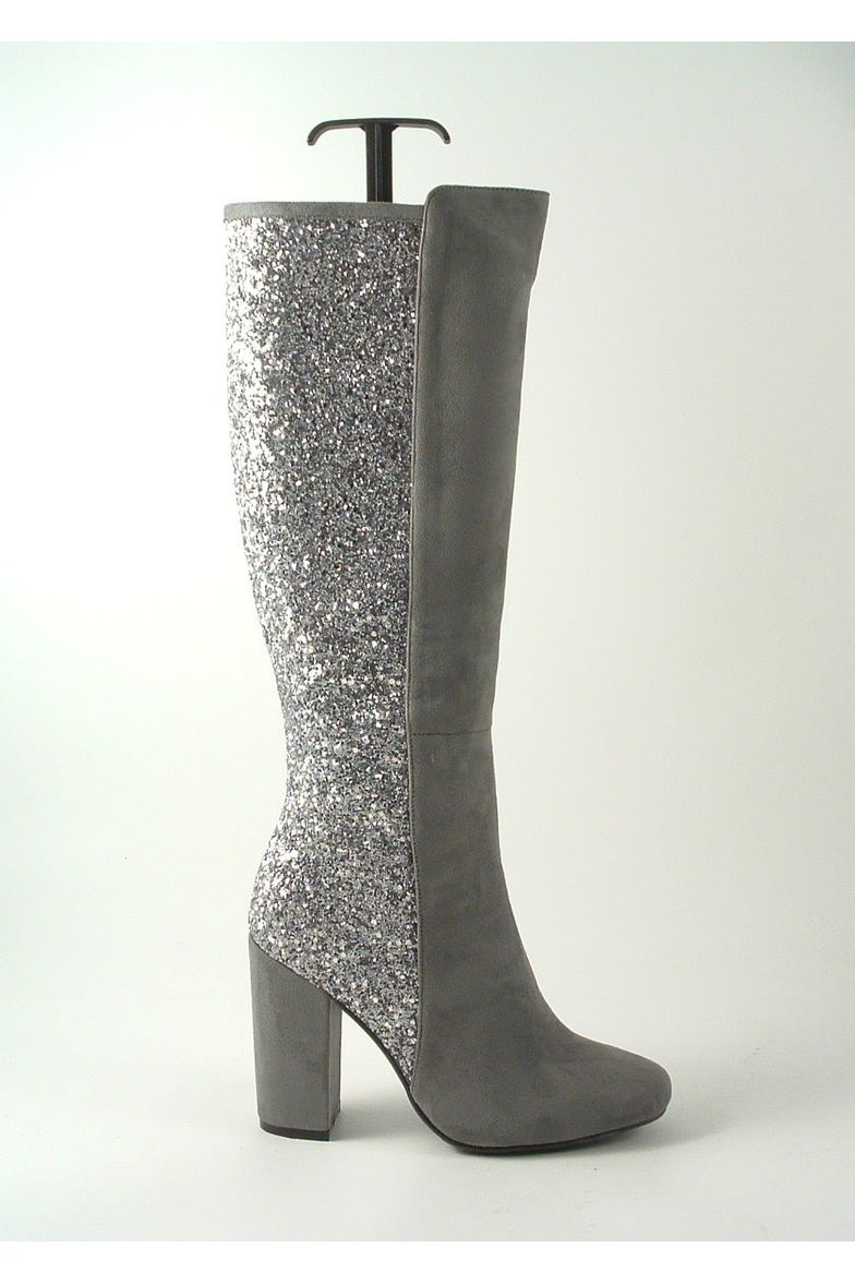 Tall Glitter Panel High Heeled Grey Boots DivineKeisha1623