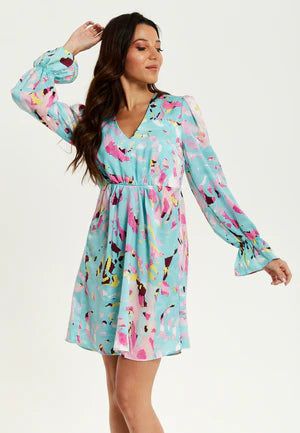 Blue Abstract Print Mini Dress With Open Back And Long Sleeves 269-LIQ23SS116