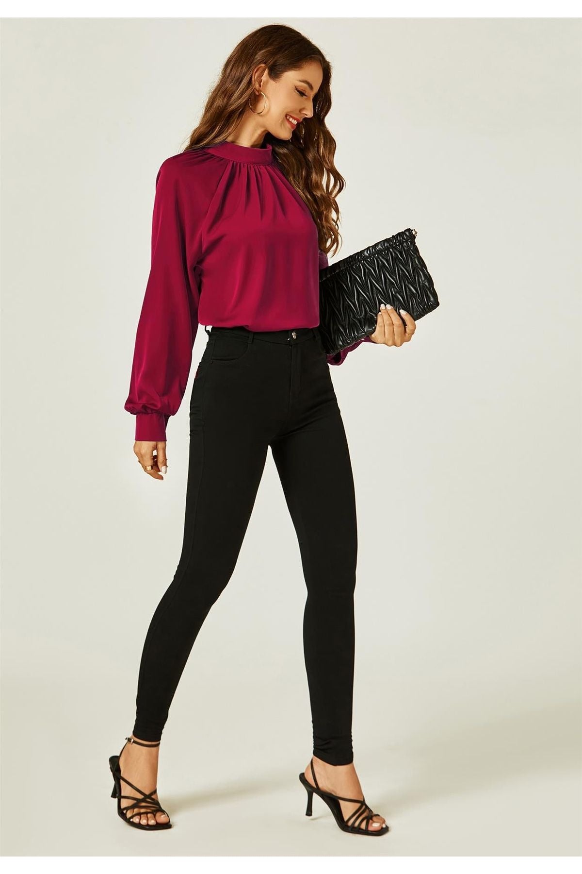 Halter Neck Long Sleeve Blouse Top In Wine Red FS487