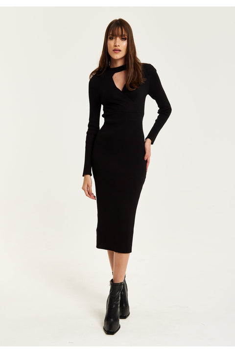 Cut Out Front Ribbed Midi Knit Dress In Black by Liquorish