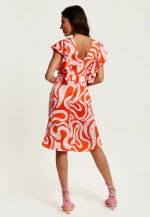 Pink And Red Abstract Print Midi Dress With Frill Details 307-LIQ23SS148