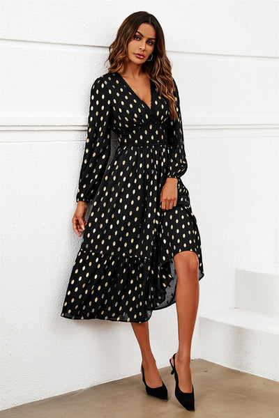 Black - Lace Trim Foil Long Sleeve Maxi Dress In Black by FS Collection