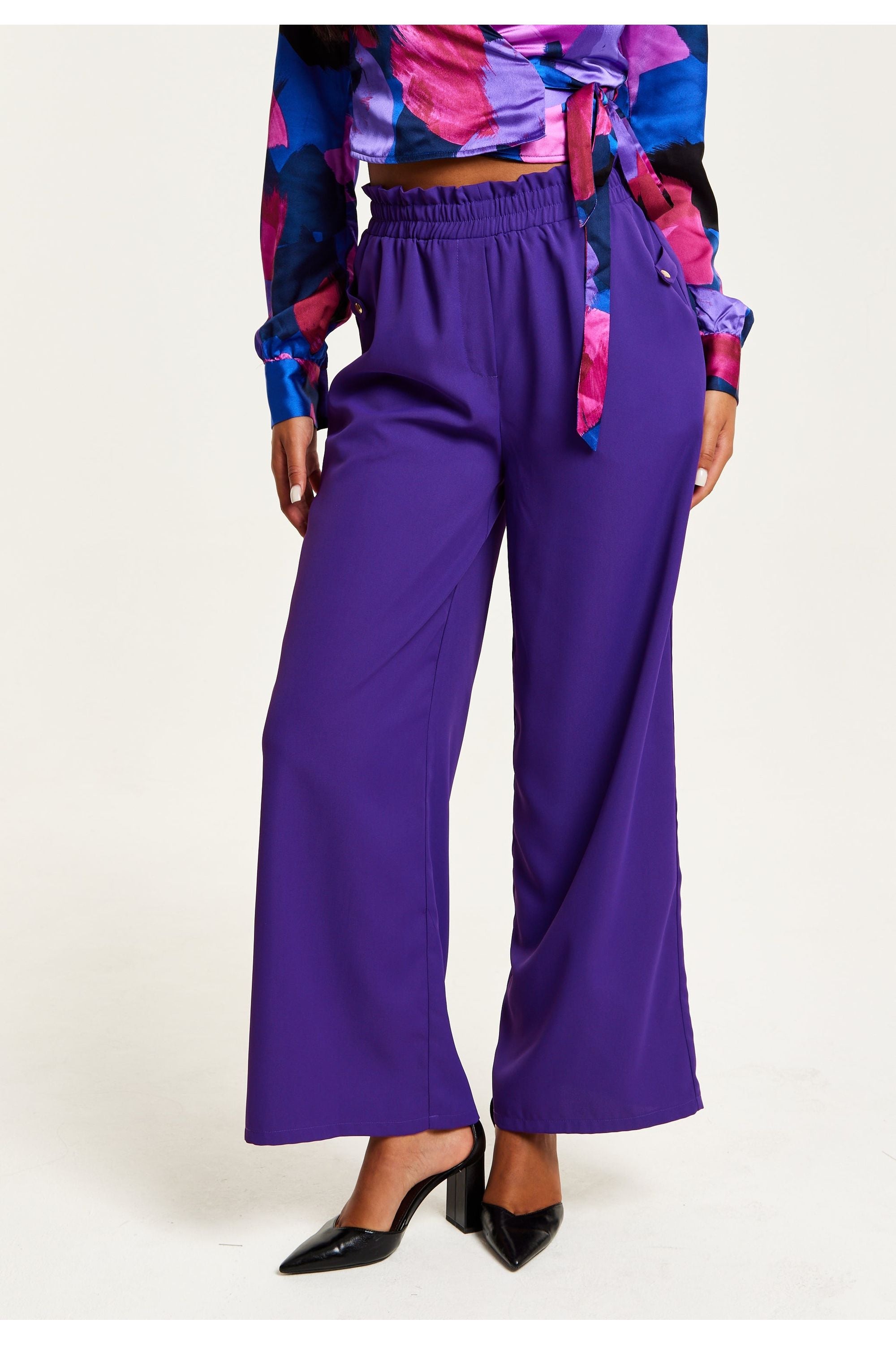 Purple Wide Leg Trousers With Elasticated Waist B26-LIQ23AW064P