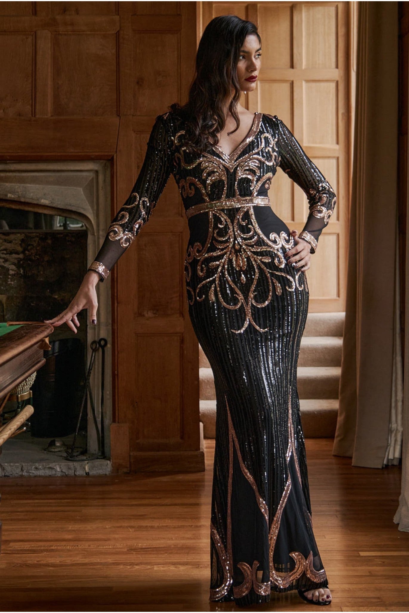 Sequin & Mesh Embroidered Maxi - Black DR3235