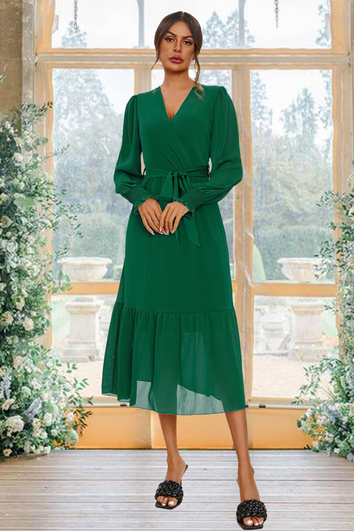 Hem Tiered Wrap Style Midi Dress In Green FS654