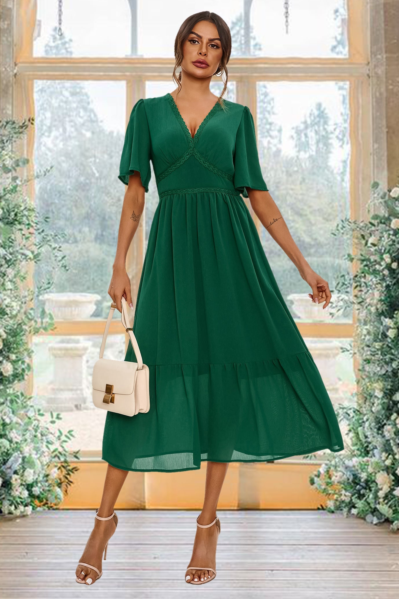 Lace Trim Deep V Neck Angel Sleeve Midi Dress In Green FS661-Green