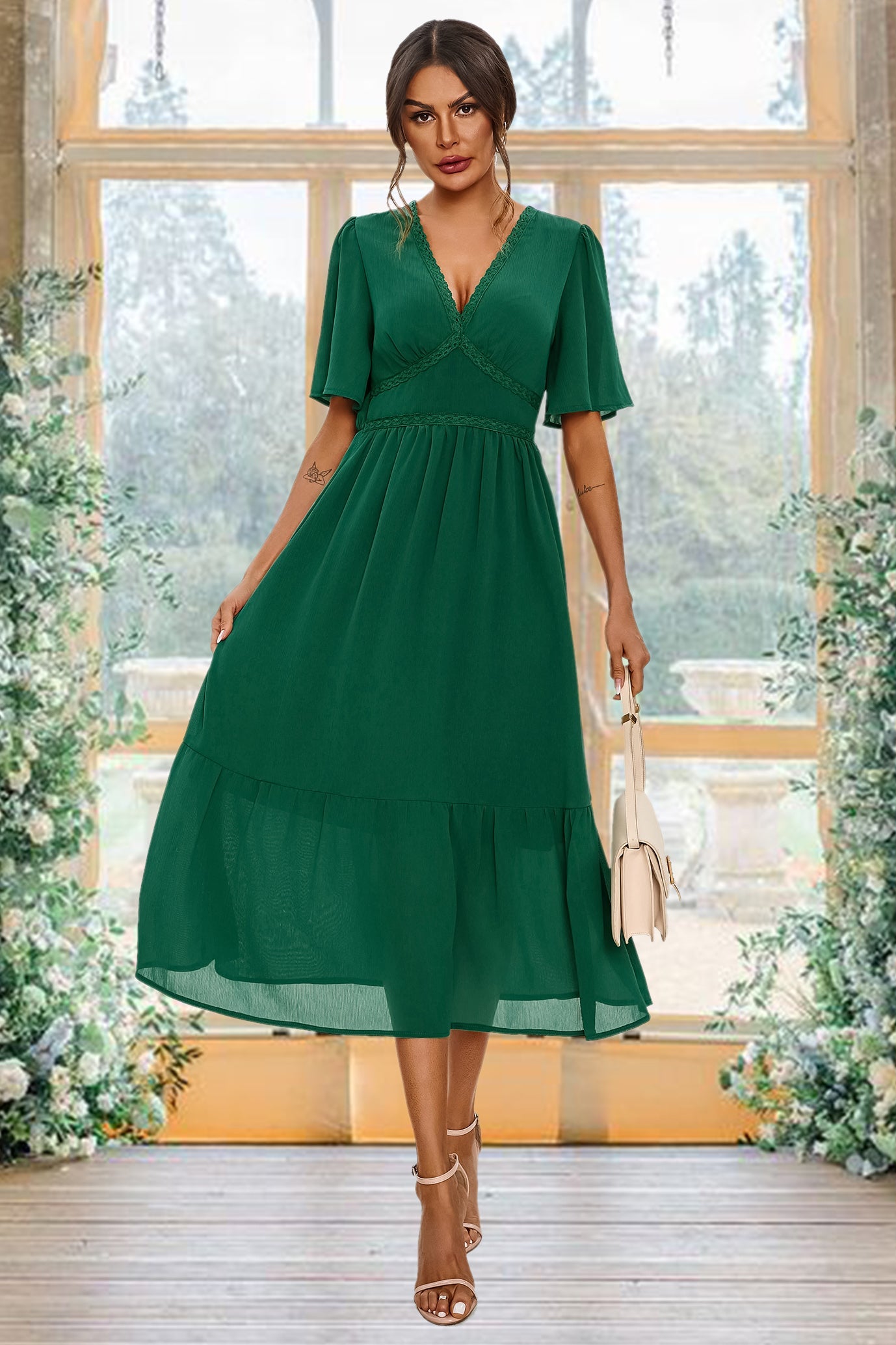 Lace Trim Deep V Neck Angel Sleeve Midi Dress In Green FS661-Green
