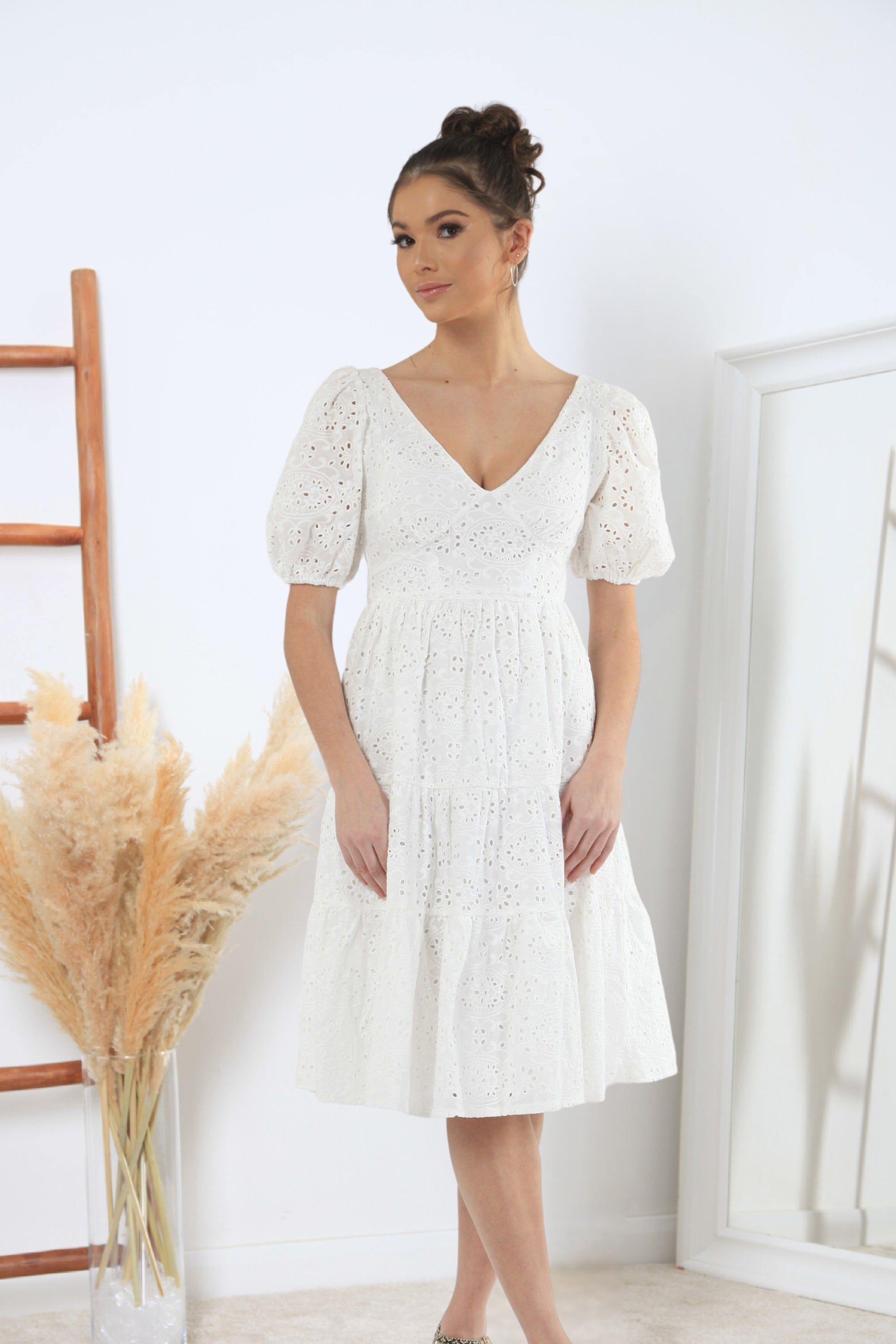 White Tiered Broderie Dress DR0000139