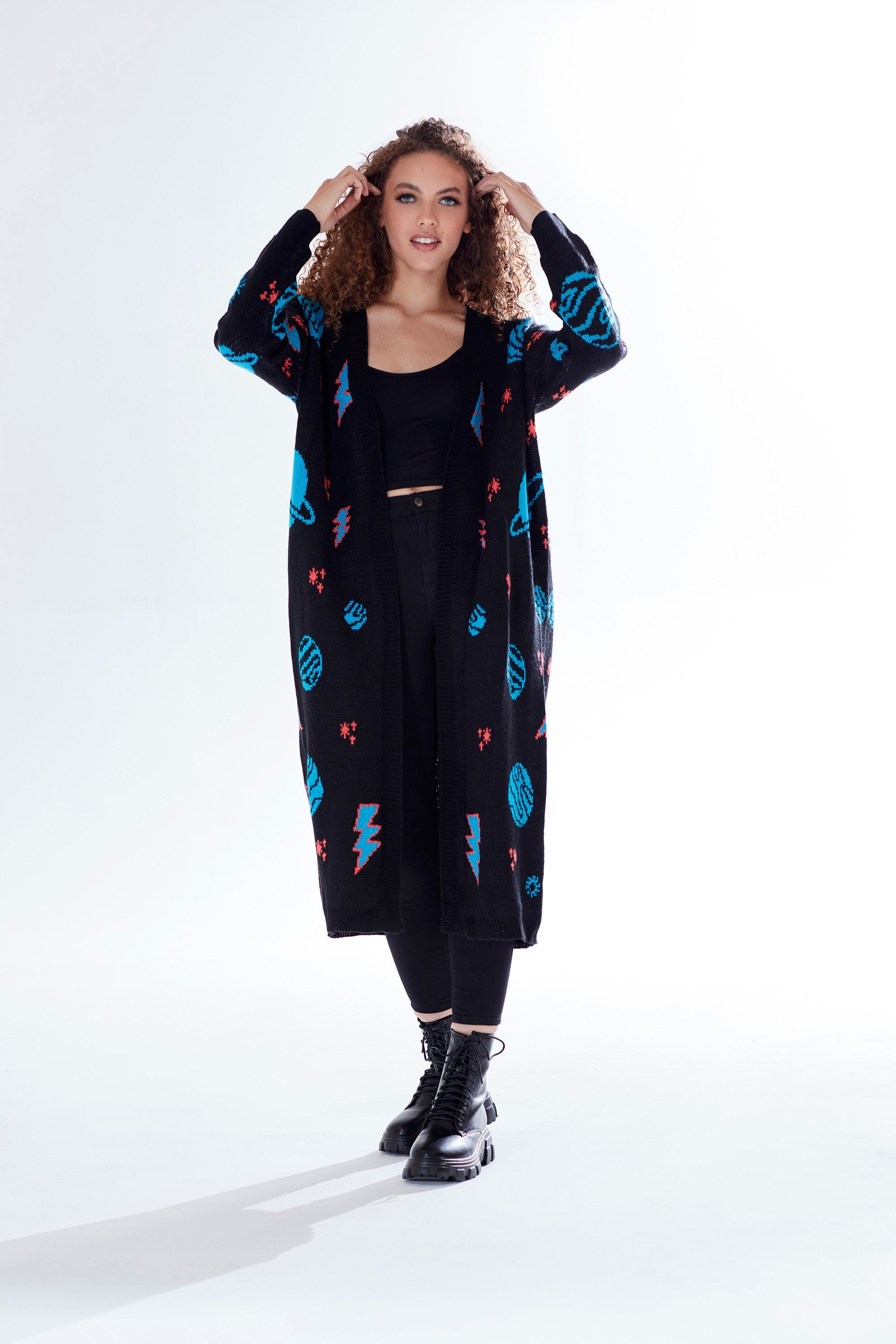 Liquorish Cosmic Pattern Open Front Cardigan in Black, Turquoise & Orange Liquorish