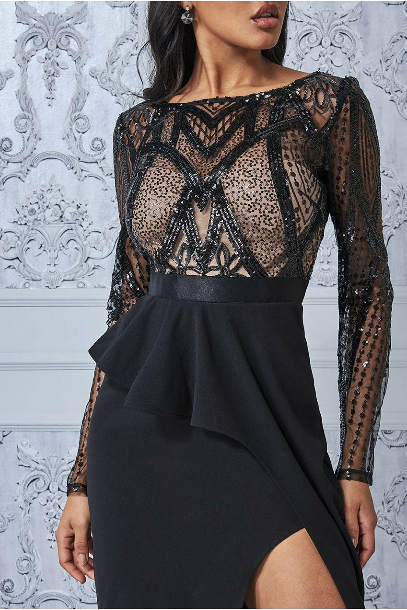 Exclusive Sequin Bodice With Front Frill Midi- Black DR3237