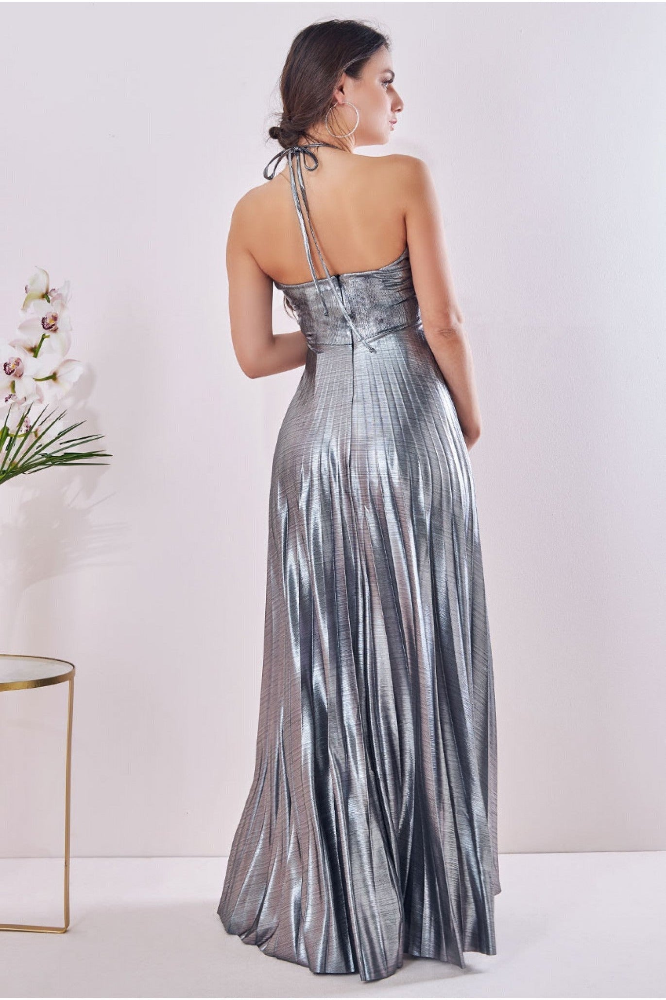 Maternity Pleated Foil Tie Back Maxi Silver DR3697MAT