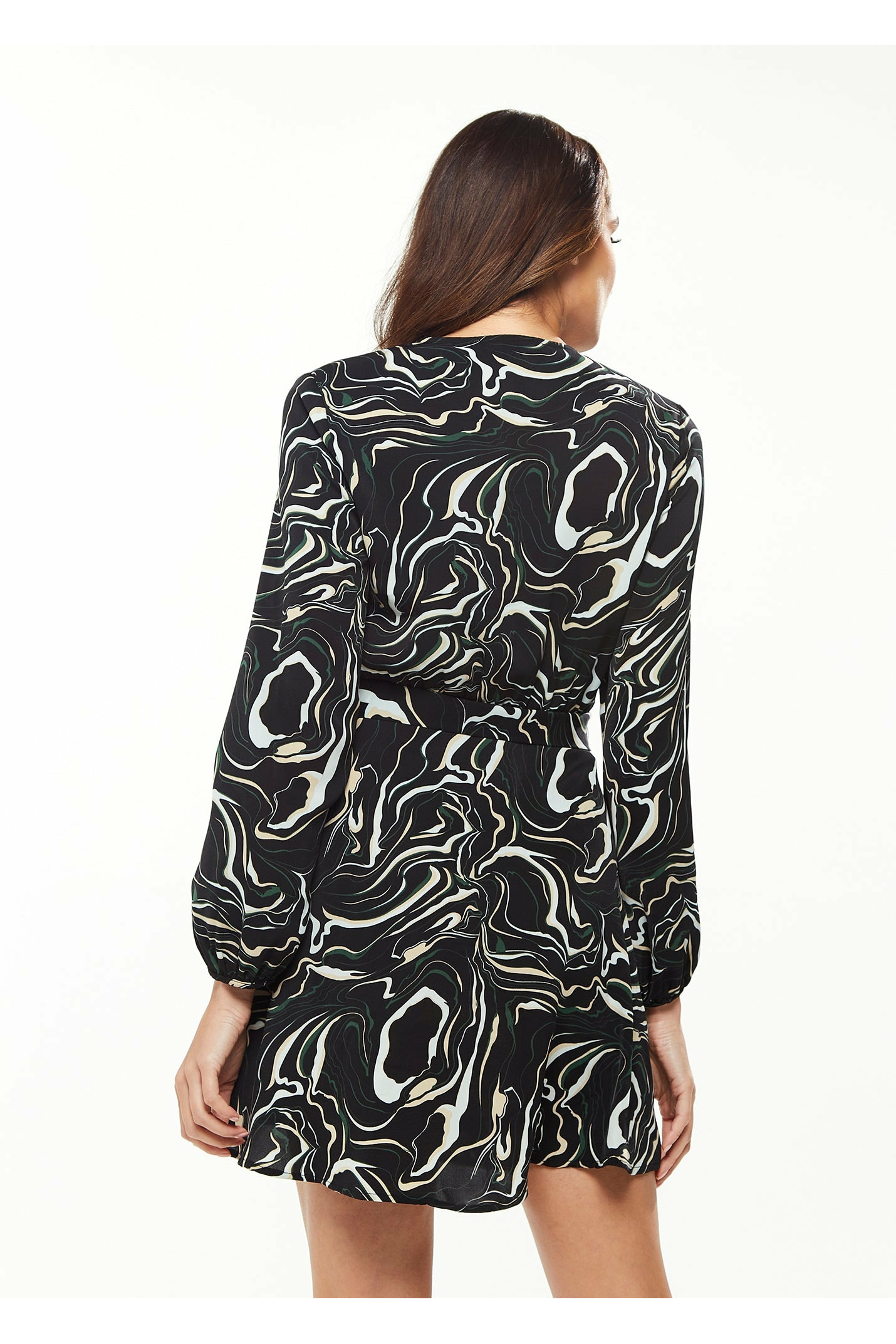 Scribble Print Mini Wrap Dress with Long sleeves in Black Liquorish