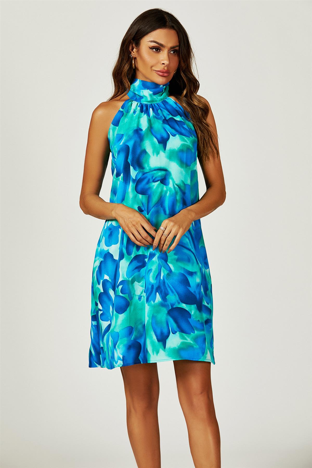 Abstract Floral Print Halter Neck Tie Back Mini Dress In Blue FS665-BlueF