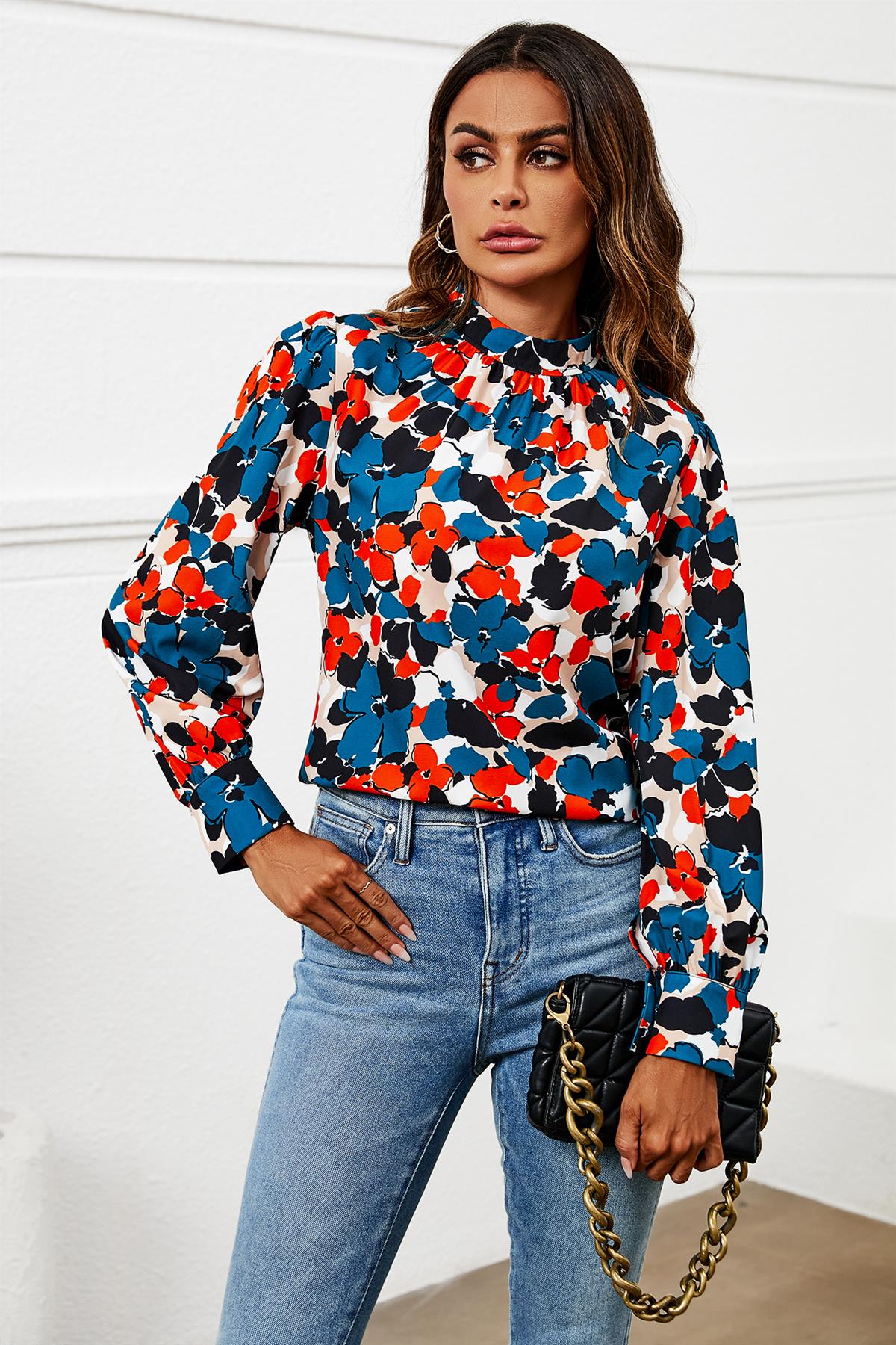 Floral Print Long Sleeve High Neck Top In Blue FS616