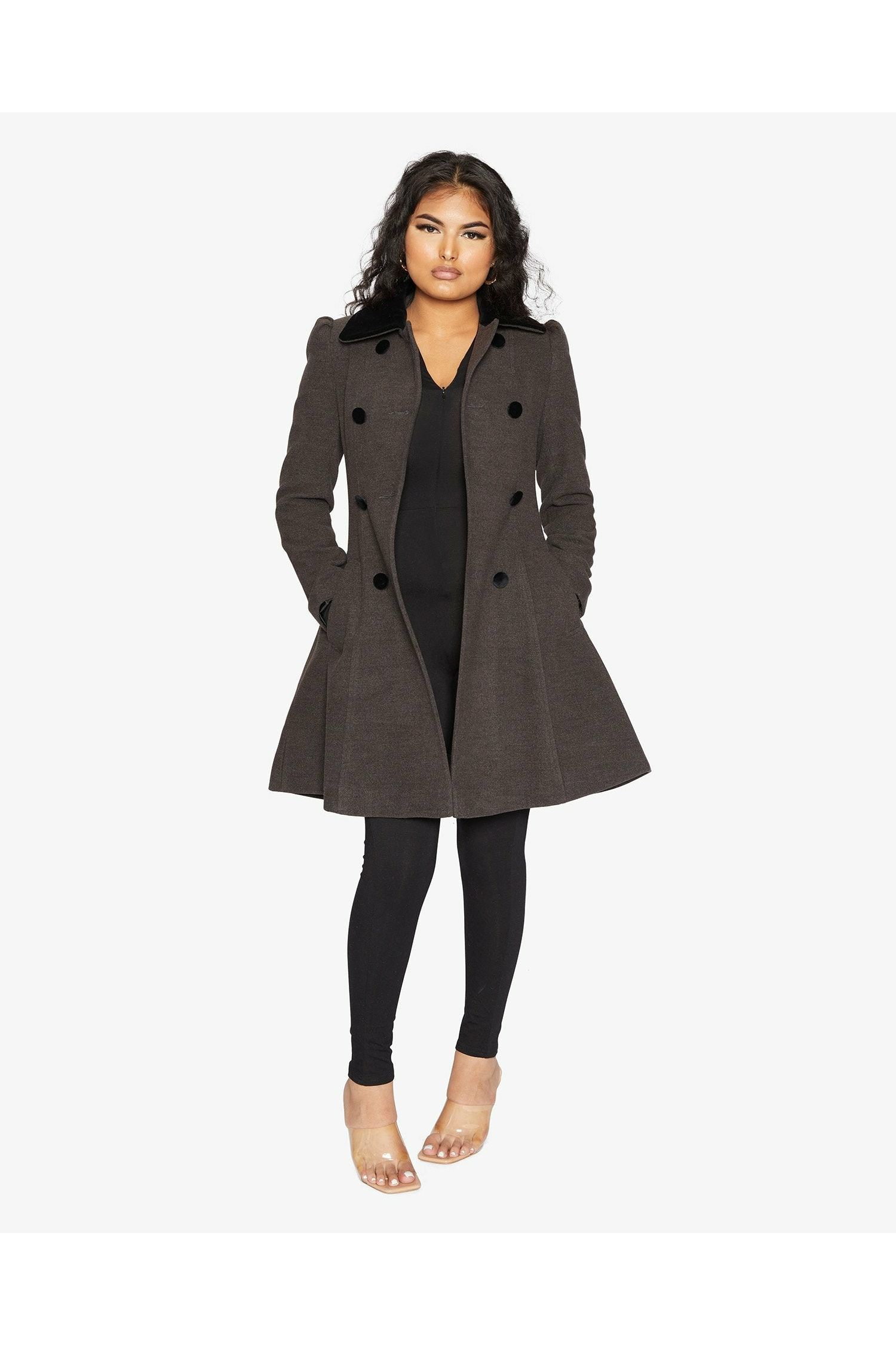De La Creme Womens Double Breasted Velvet Trim Skater Coat De La Crème