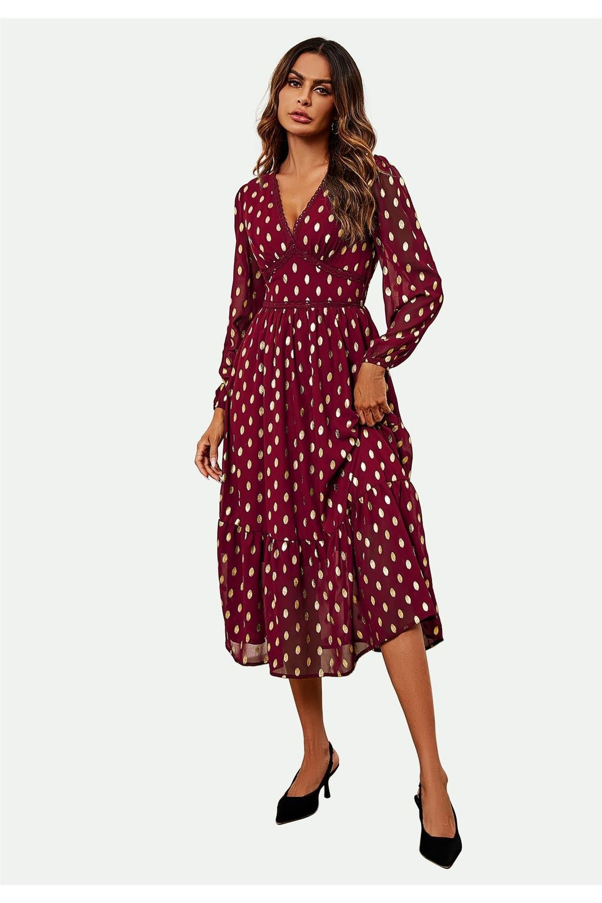 Lace Trim Foil Long Sleeve Maxi Dress In Wine FS565-WG