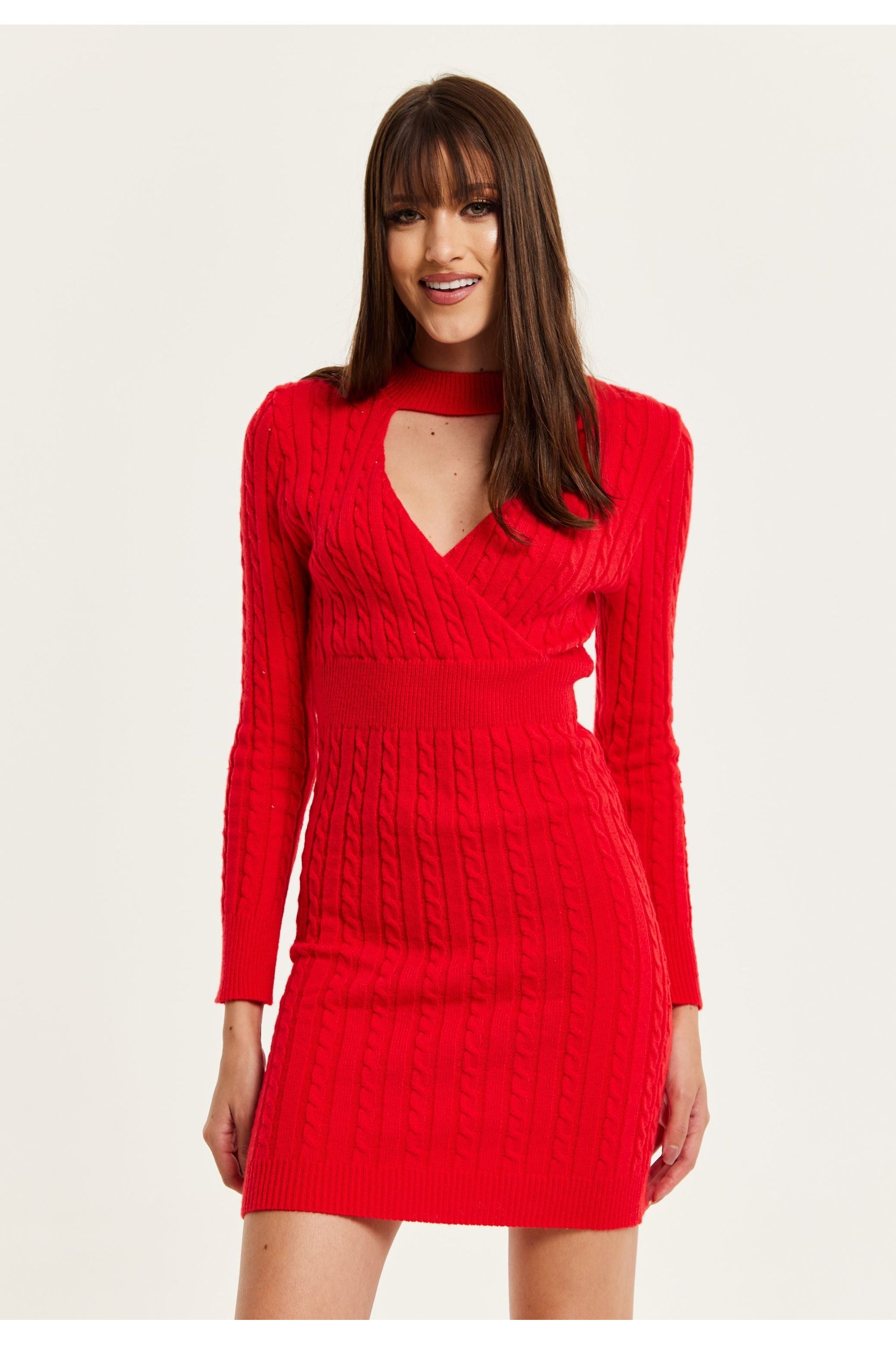 Cut Out Front Cable Knit Mini Dress In Red B25-LIQ23AW007R