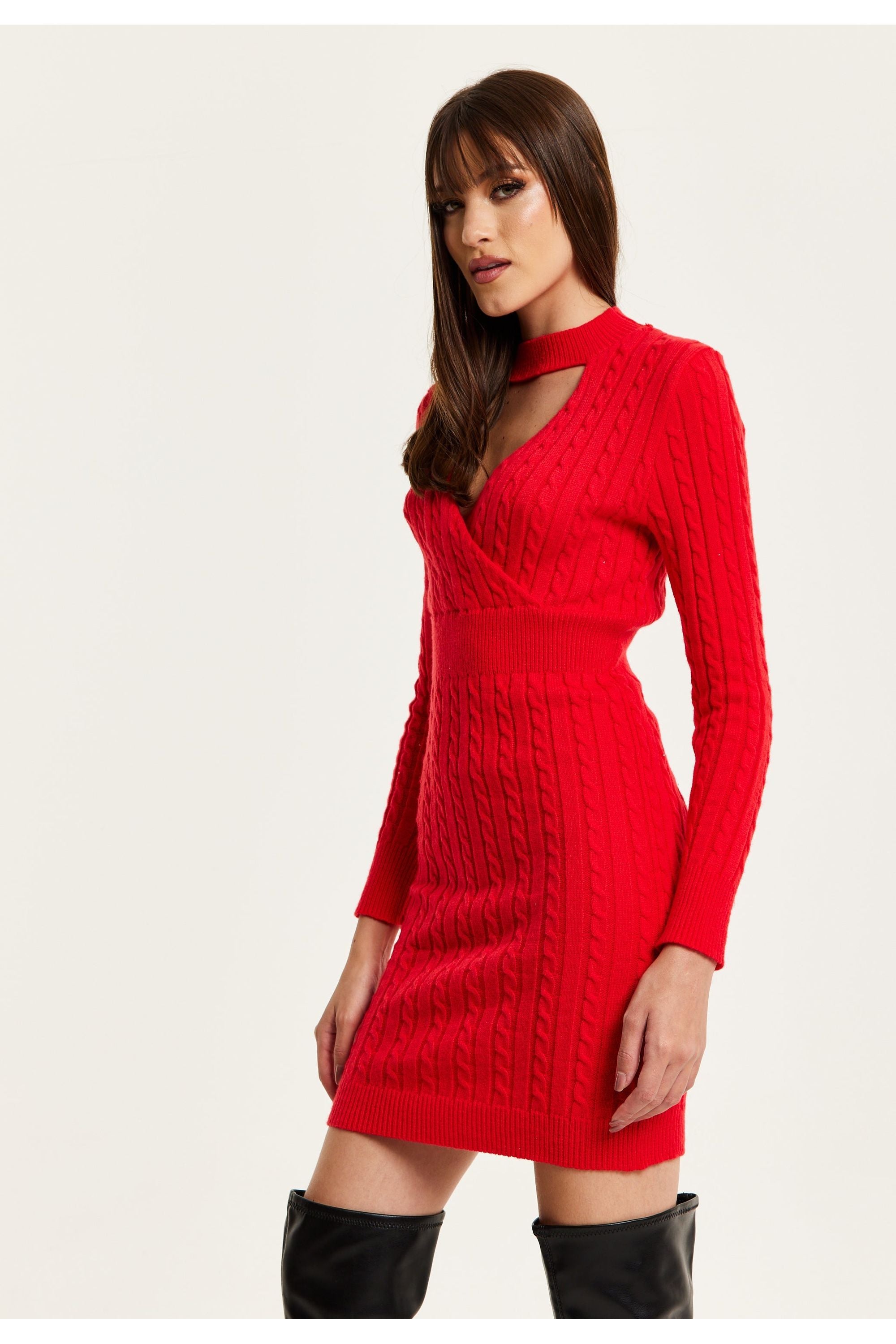 Cut Out Front Cable Knit Mini Dress In Red B25-LIQ23AW007R