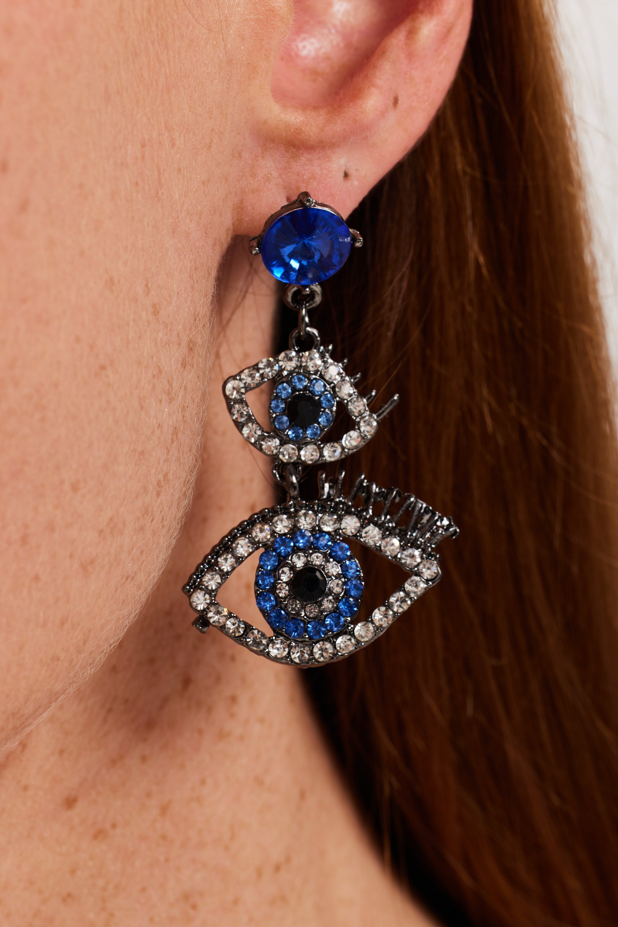 Double Evil Eye Drop Style  Earrings With Diamonte Embellishments SS24ER14