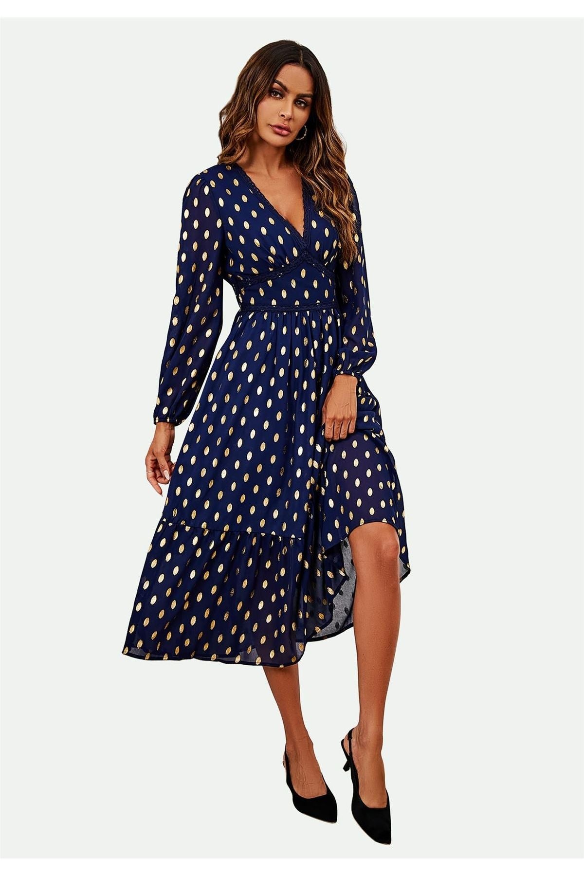 Lace Trim Foil Long Sleeve Maxi Dress In Navy FS565-NG