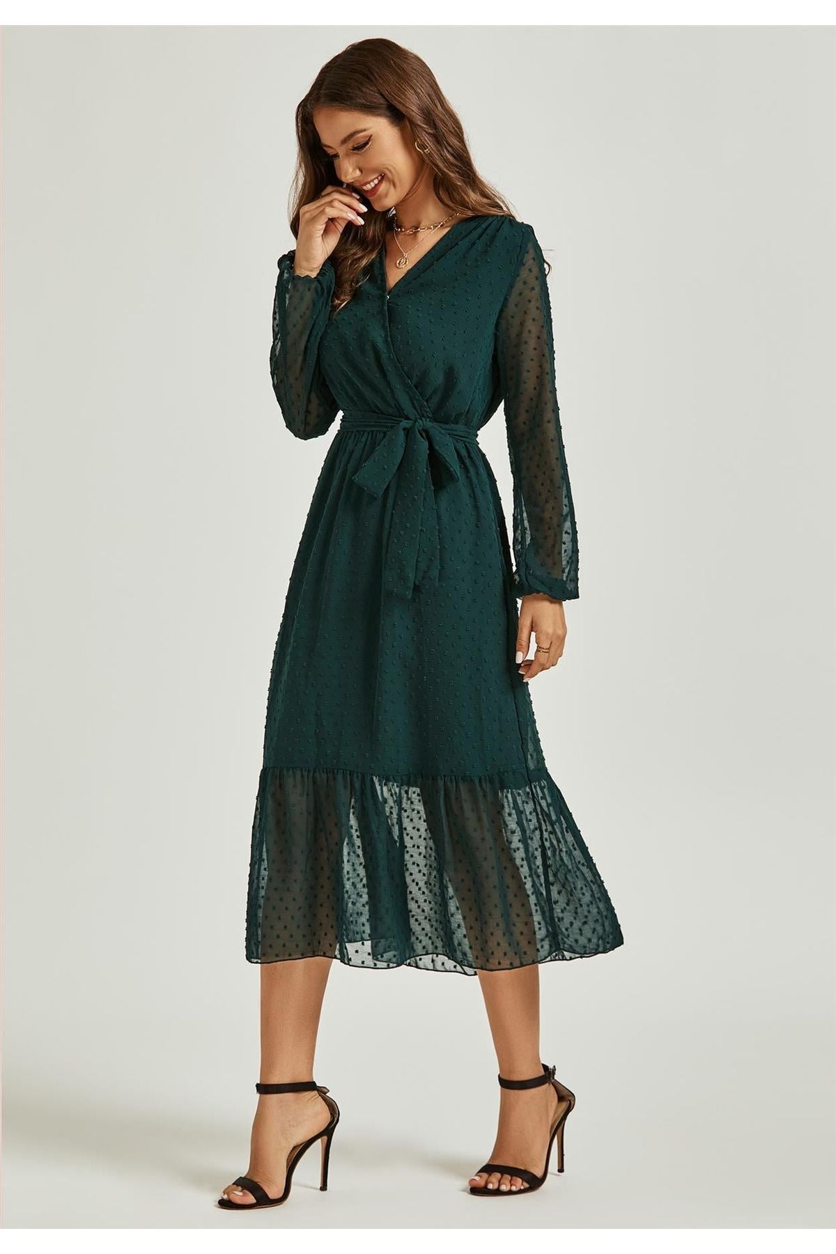 Long Sleeve Wrap Style Tulle Hem Midi Dress In Dark Green FS497-DarkGreen