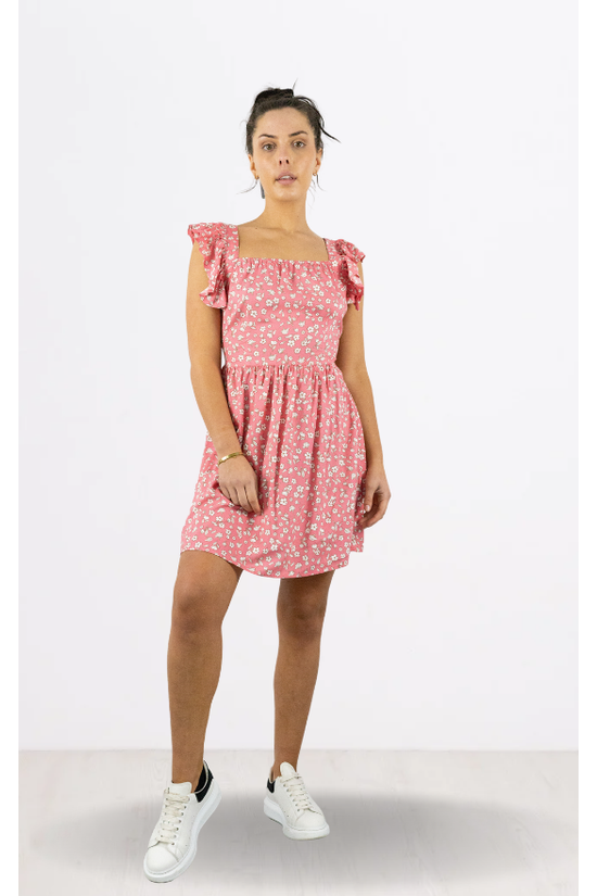 Pink Floral Print Tie Back Frill Sleeve Short  Dress MT6257PINK