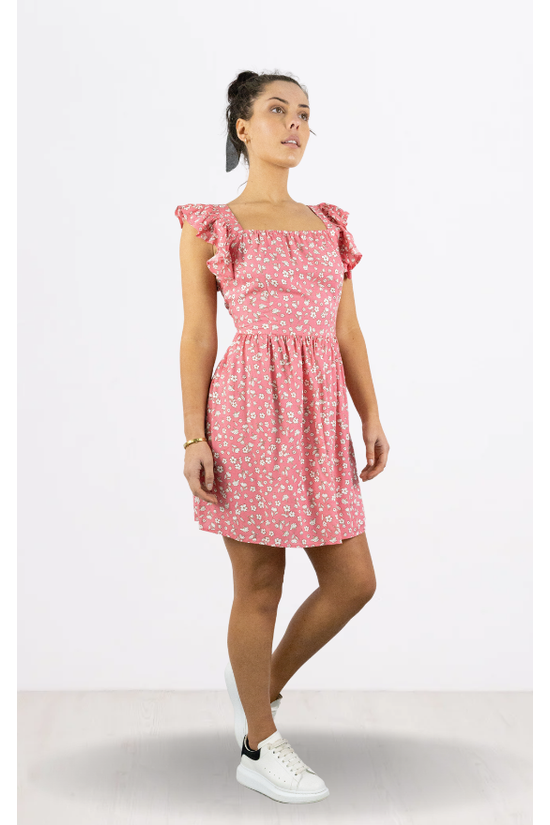 Pink Floral Print Tie Back Frill Sleeve Short  Dress MT6257PINK