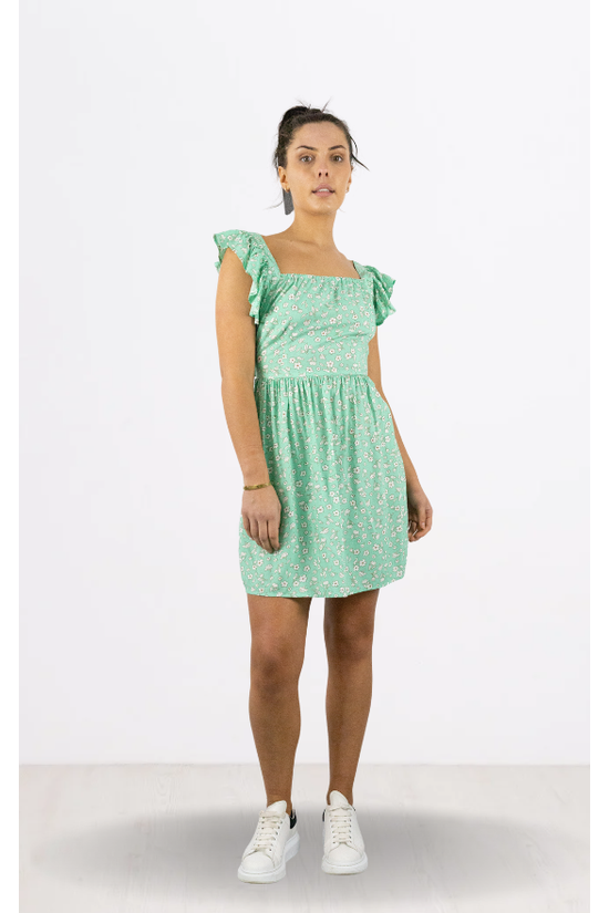 Aqua Green Floral Print Tie Back Frill Sleeve Short Dress MT6257-AQUA
