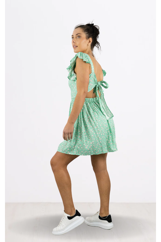 Aqua Green Floral Print Tie Back Frill Sleeve Short Dress MT6257-AQUA