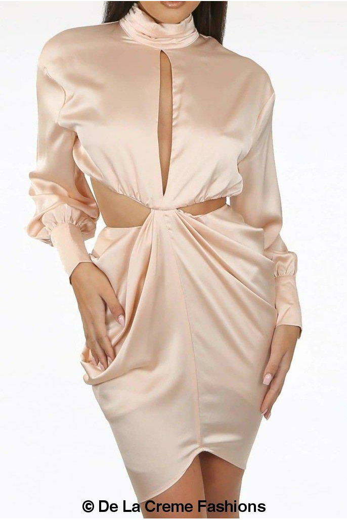 PLEATED HIGH NECK CUT OUT MINI DRESS De La Crème
