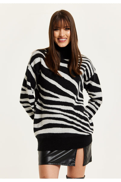 Multicolor - Mono Zebra High Neck Jumper by Liquorish