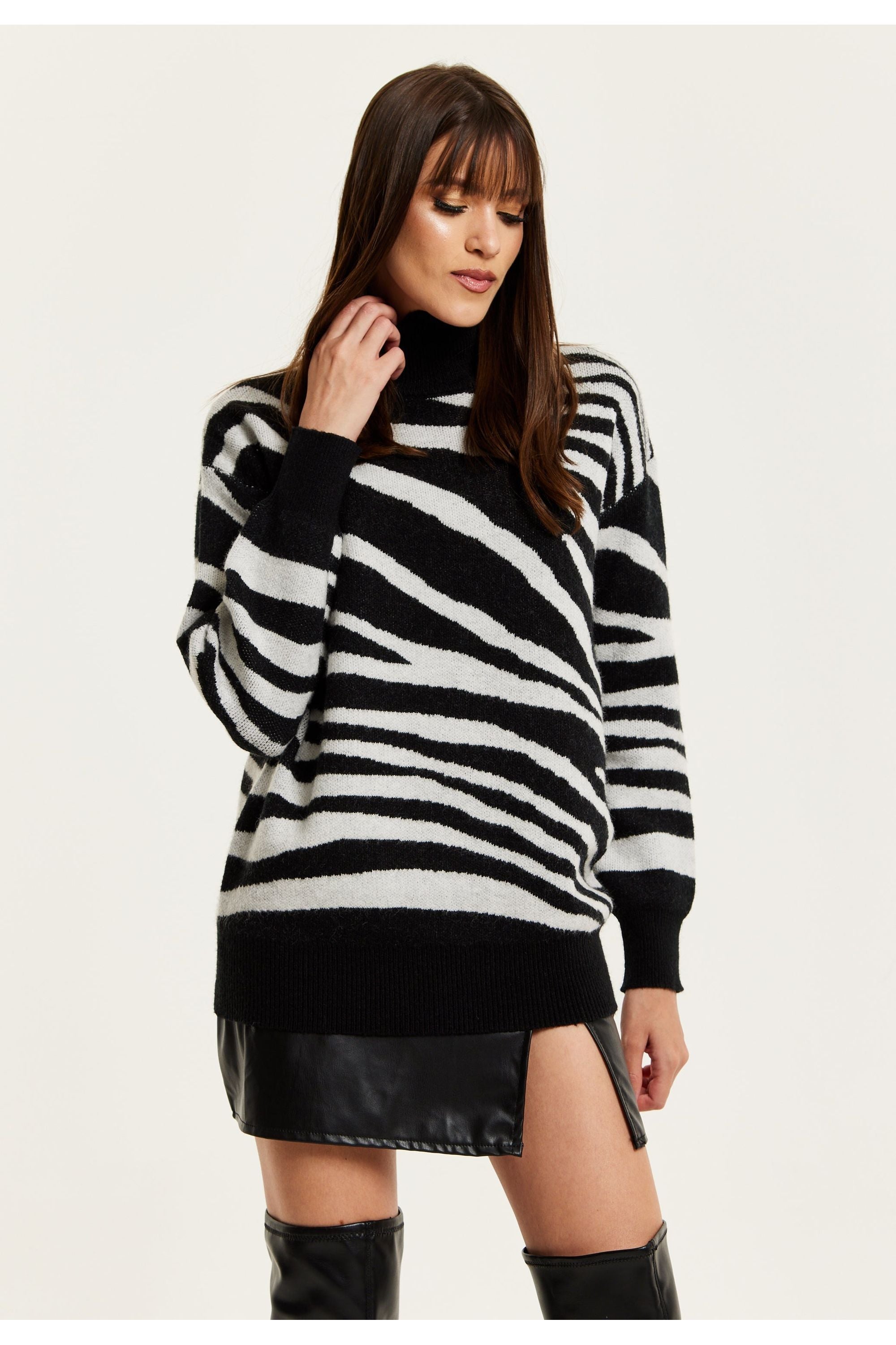 Mono Zebra High Neck Jumper C15-LIQ23AW008BL