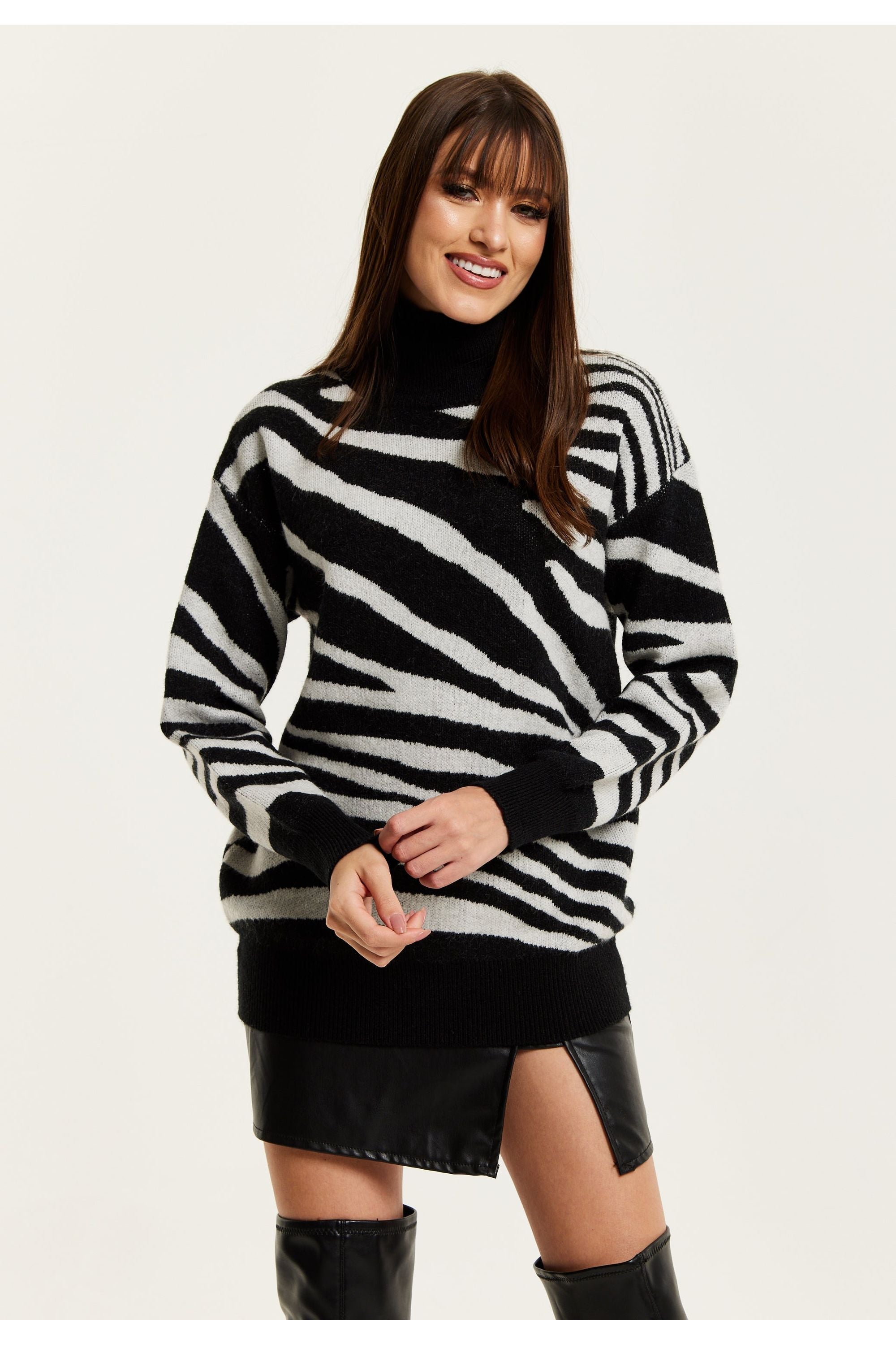 Mono Zebra High Neck Jumper C15-LIQ23AW008BL