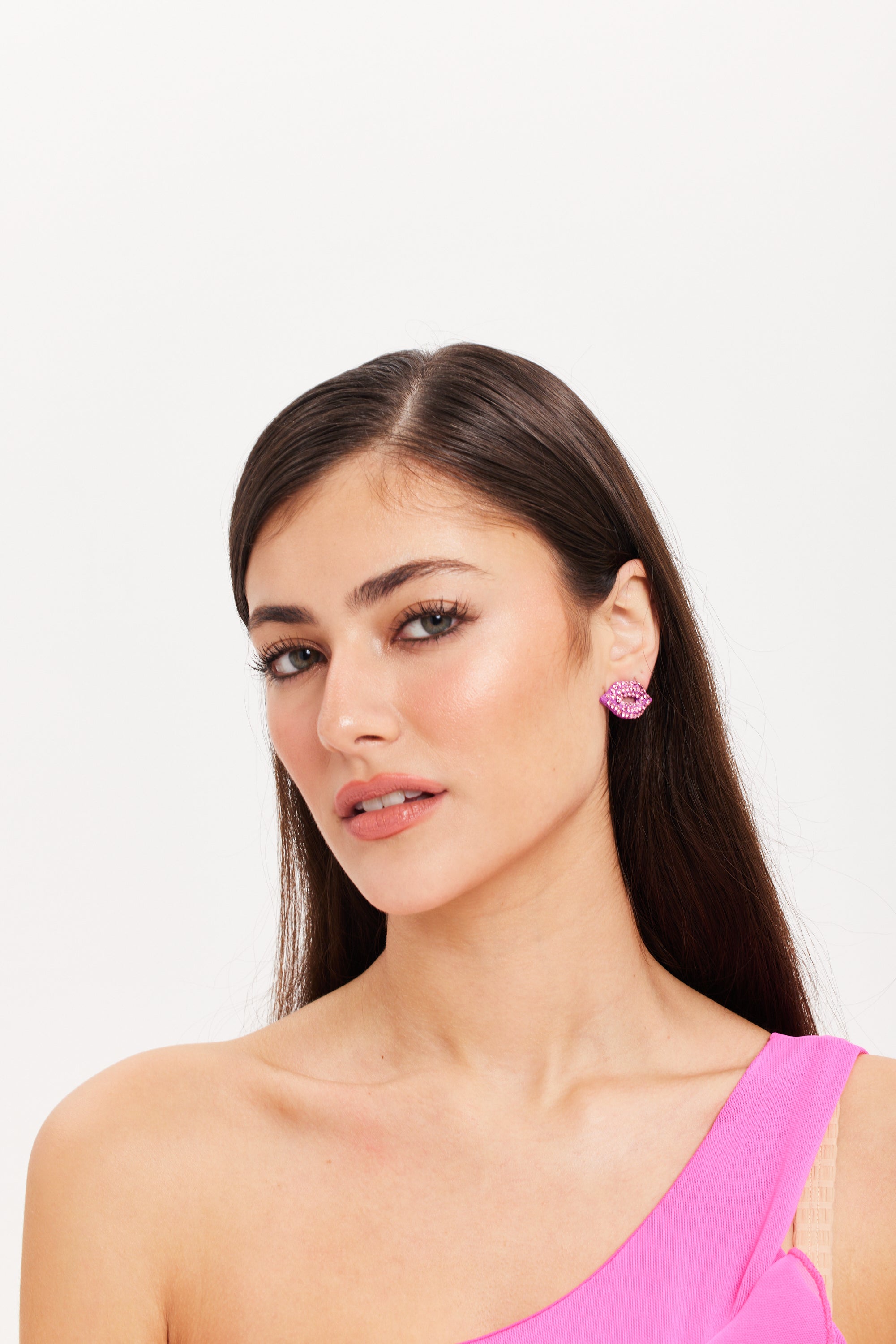 Pair Of Lips Stud Earrings With Rhinestone Embellishment In Pink SS24ER17