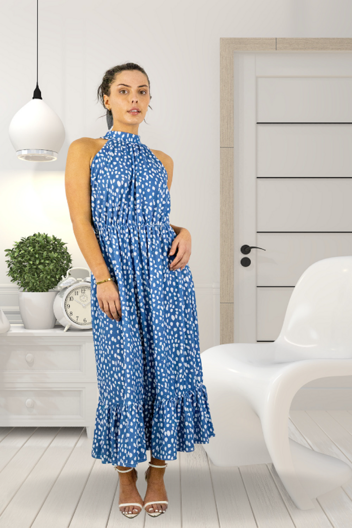 Blue Printed Halterneck Dress BF25745