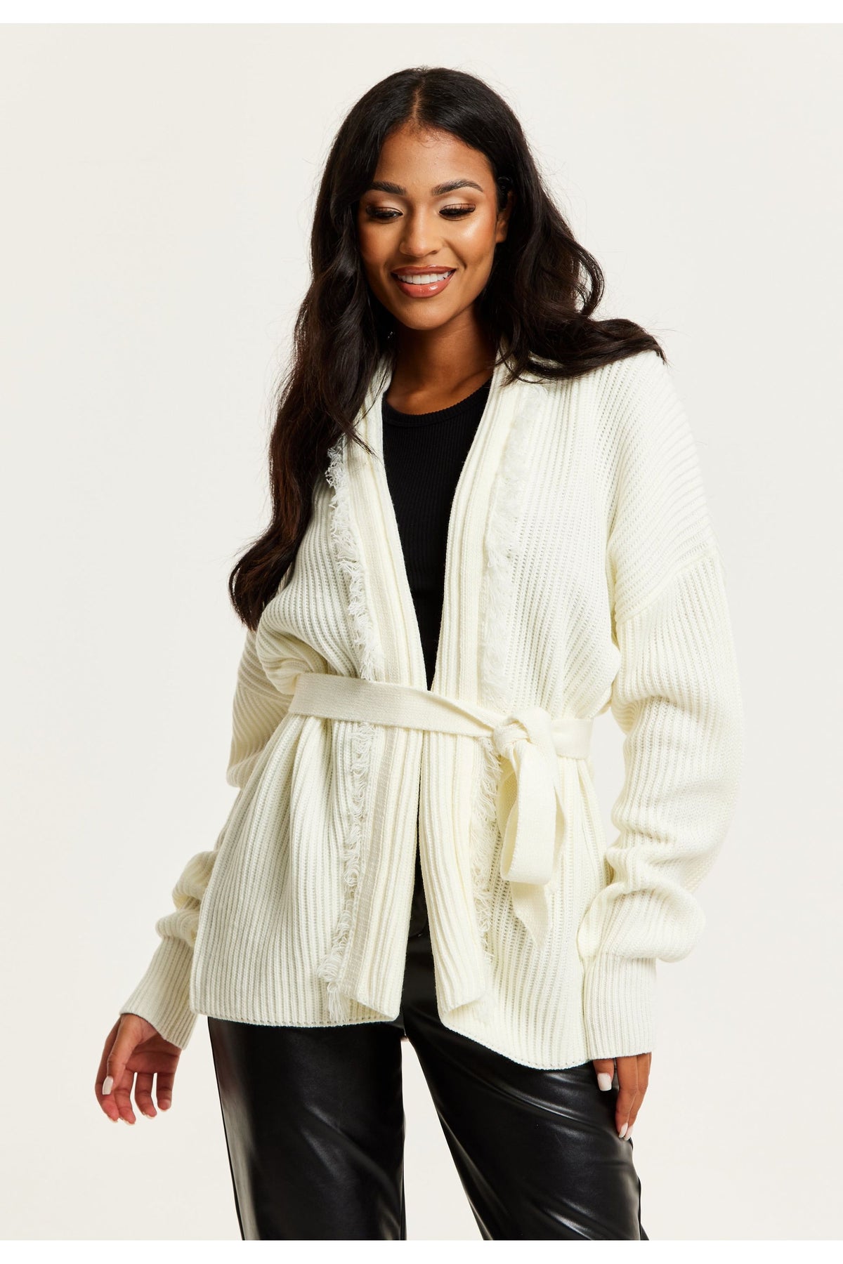 Open Front Cream Cardigan With Fringe Details B25-LIQ23AW020