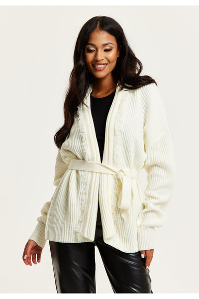 White - Open Front Cream Cardigan With Fringe Details by Liquorish