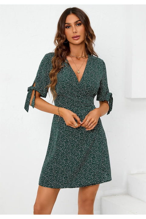 Dot Print Wrap Top Mini Dress In Green by FS Collection