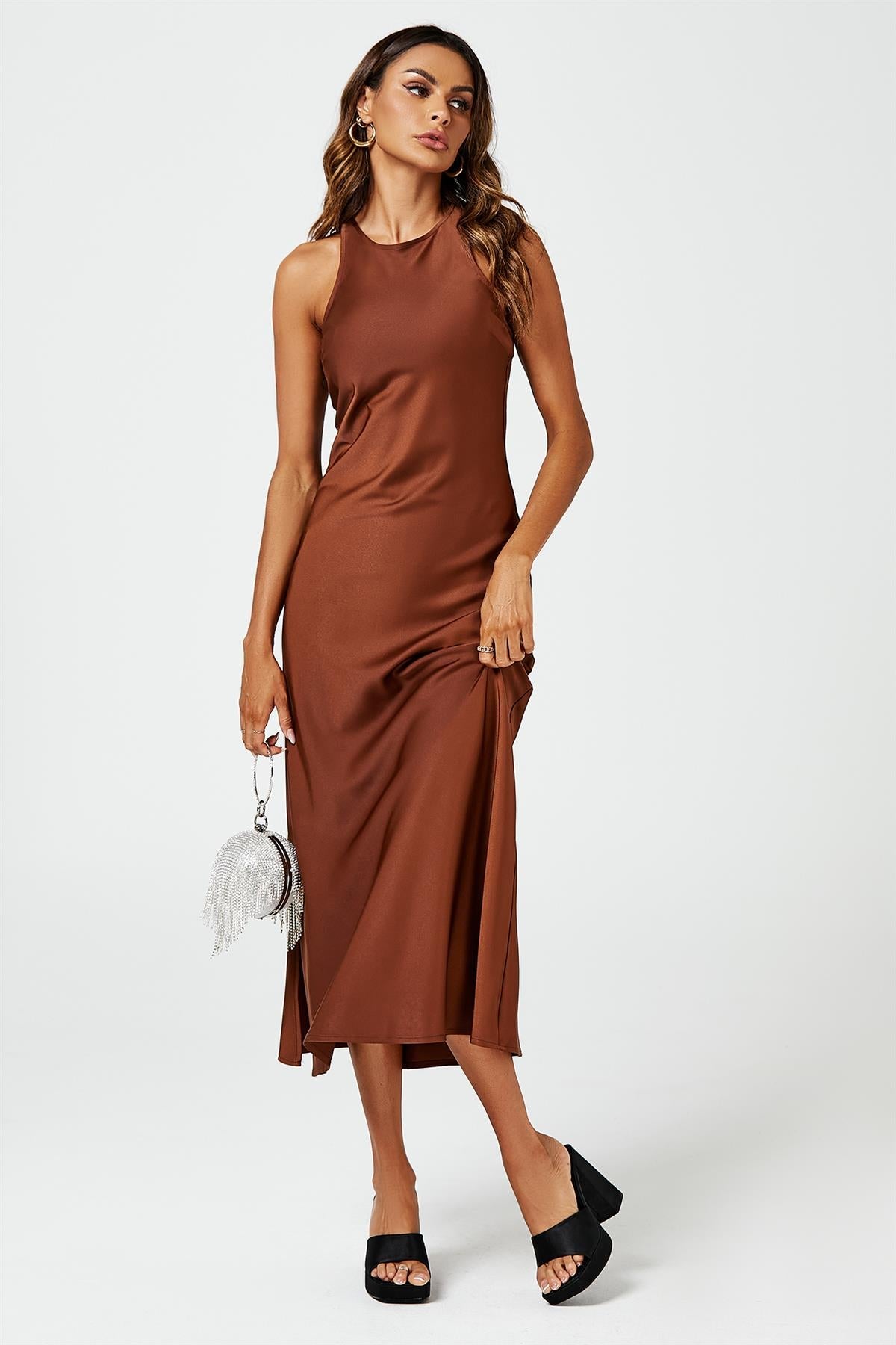 Slim Fit Satin Midi Dress In Brown FS615