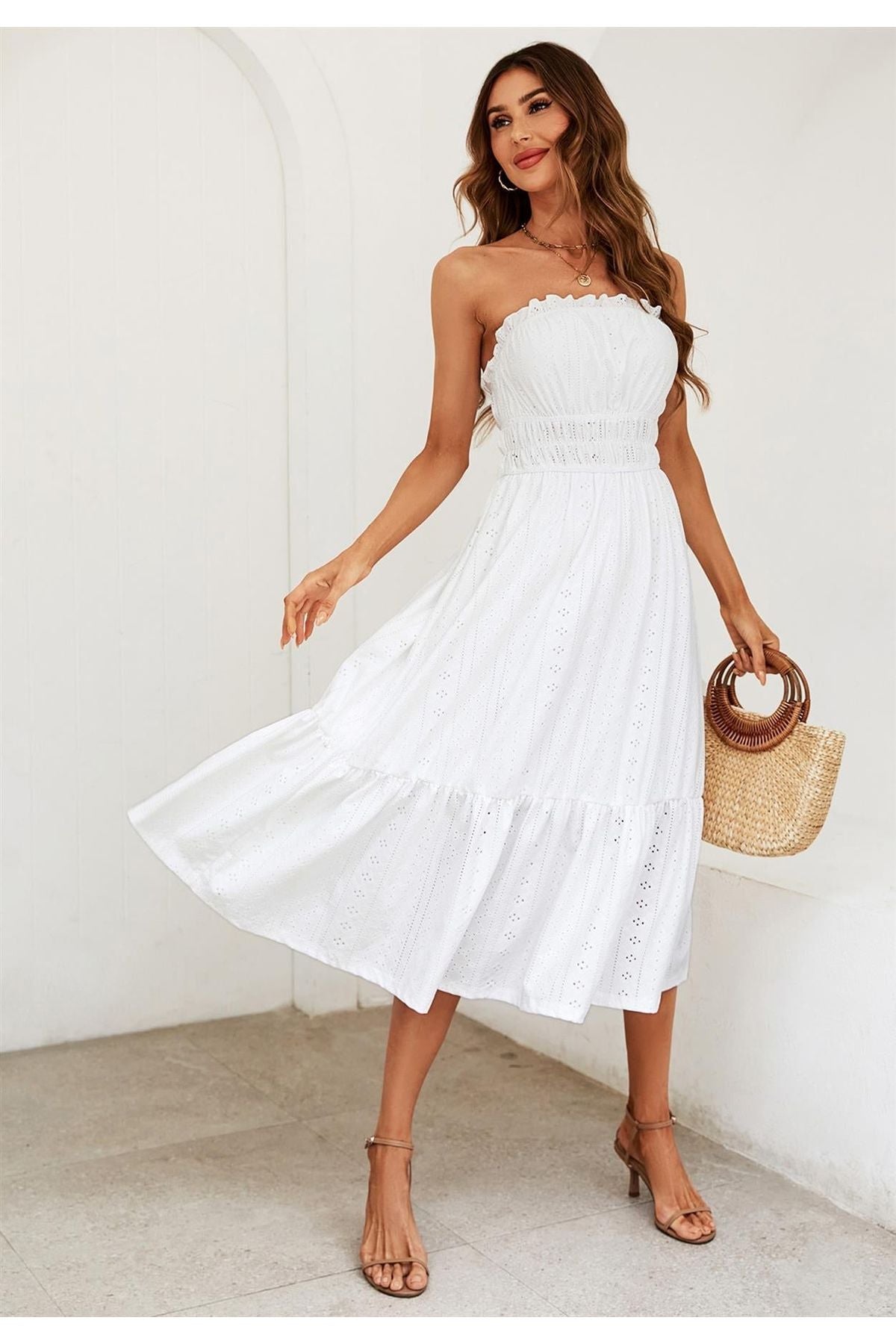 Embroidery Anglaise Midi Dress In White FS539