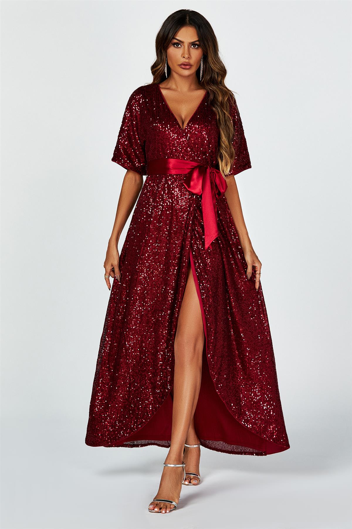 Wrap Style Sequin Maxi Dress In Wine FS635