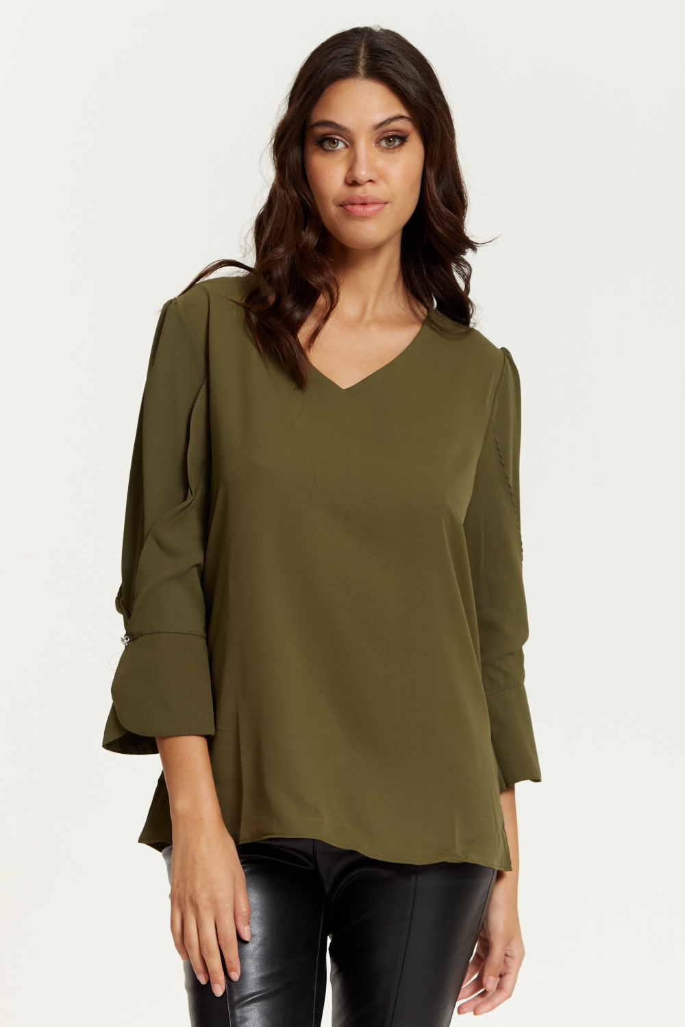 Long Sleeves Detailed Cuff Blouse with V Neck in Khaki GLR FASHION NETWORKING