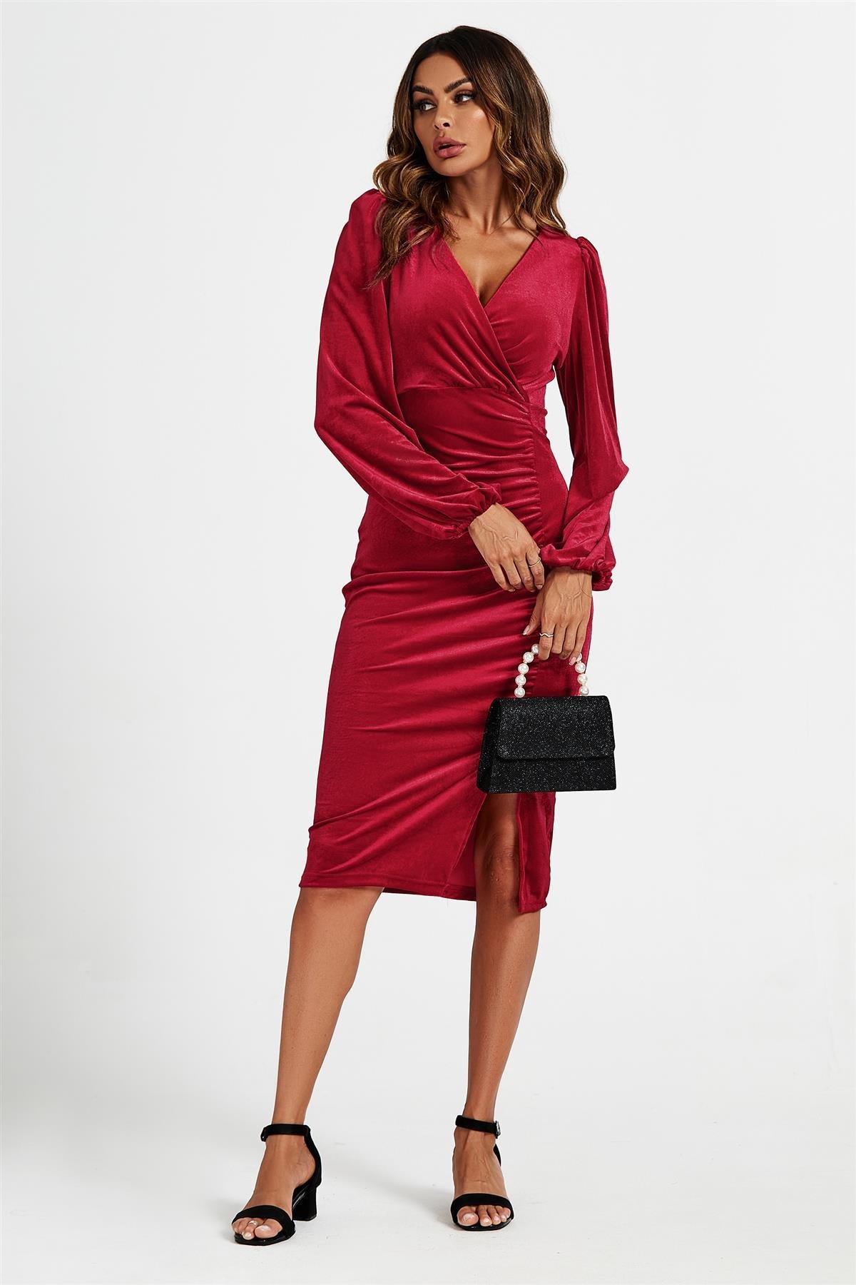 Velvet Wrap Top Midi Dress In Red FS601