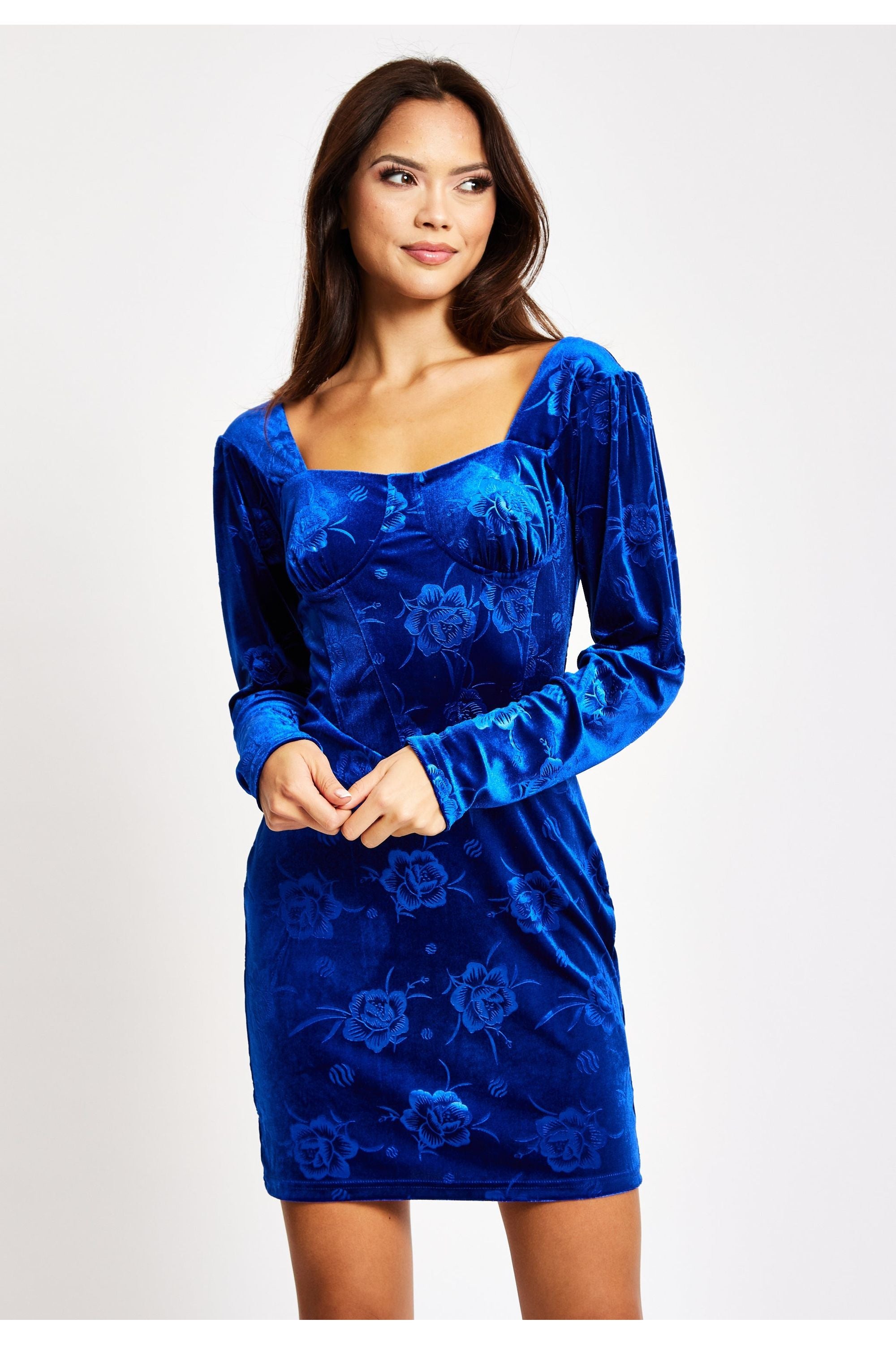 Corset Detail Mini Royal Blue Velvet Dress LIQ23AW031RB