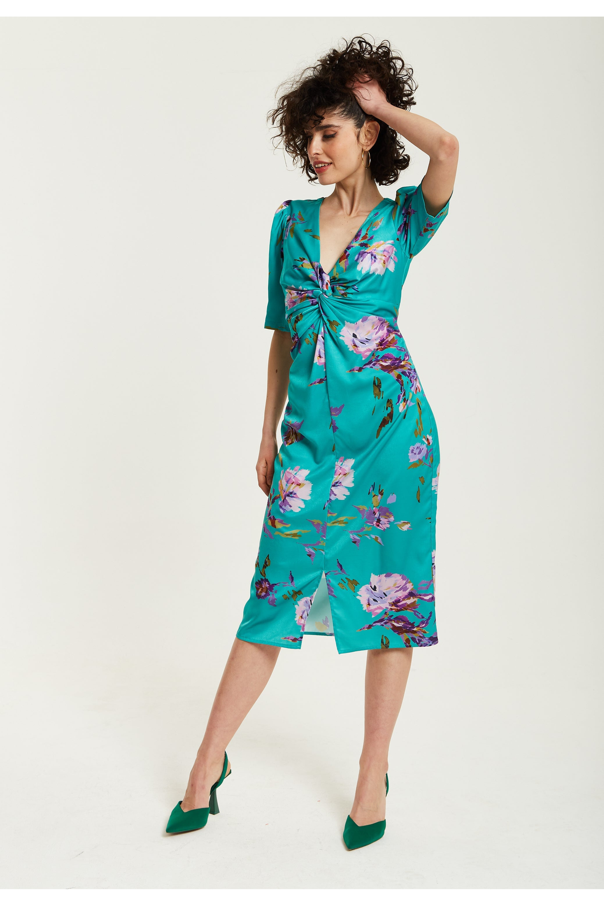Green Floral Knot Front Midi Dress F12-294-LIQ23SS093