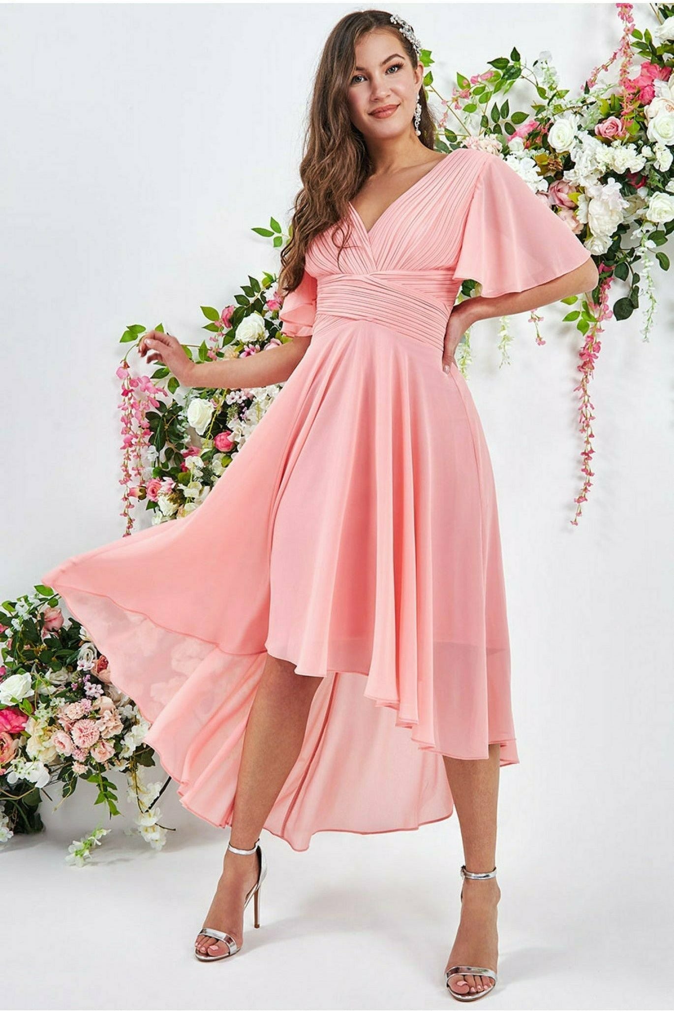 Pleated Chiffon High Low Midi Dress - Peach DR3305